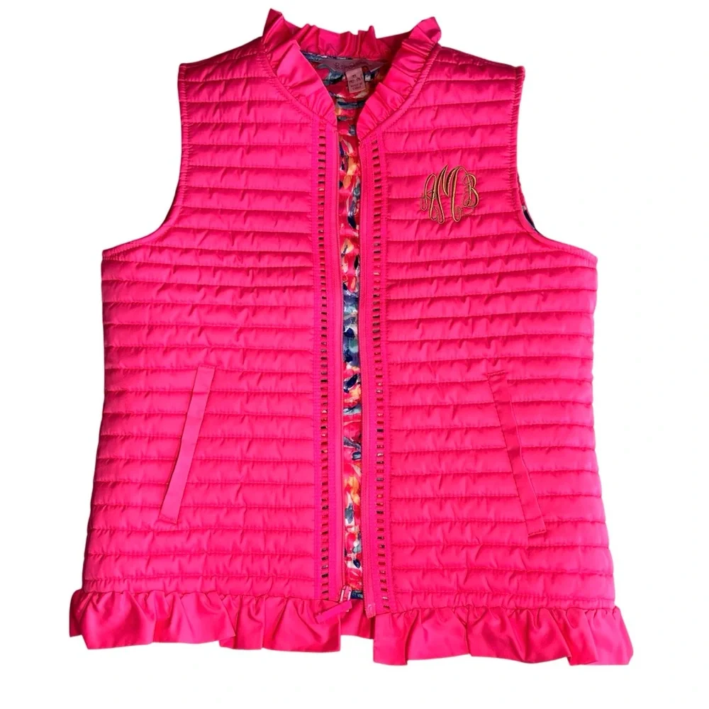 Lilly Pulitzer Girls Pink Quilted Puffer Vest XL Monogram Ruffle Hem